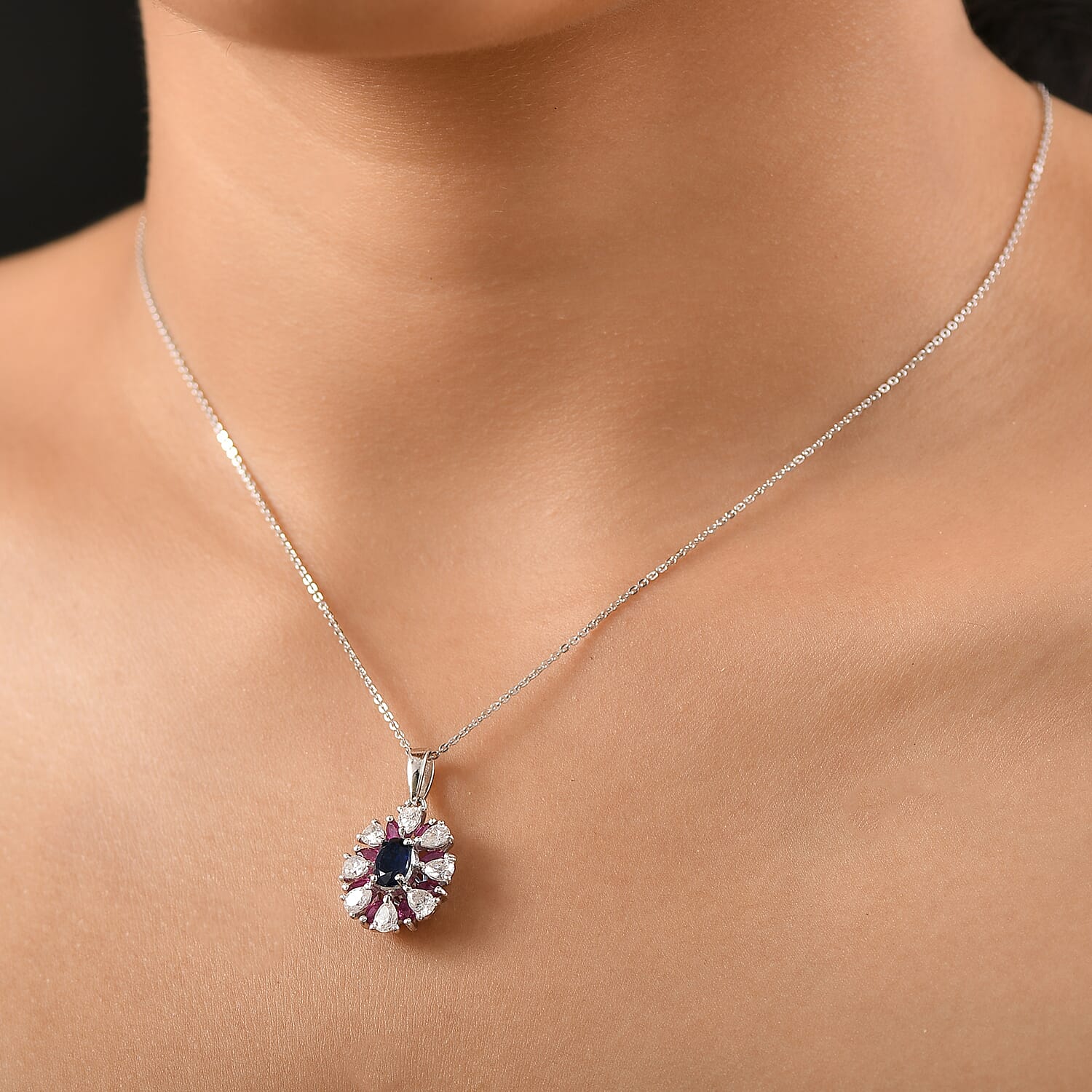 Kyanite, Moissanite & African Ruby Pendant with Chain (Size 20) in Rhodium Overlay Sterling Silver 3.20 Ct.