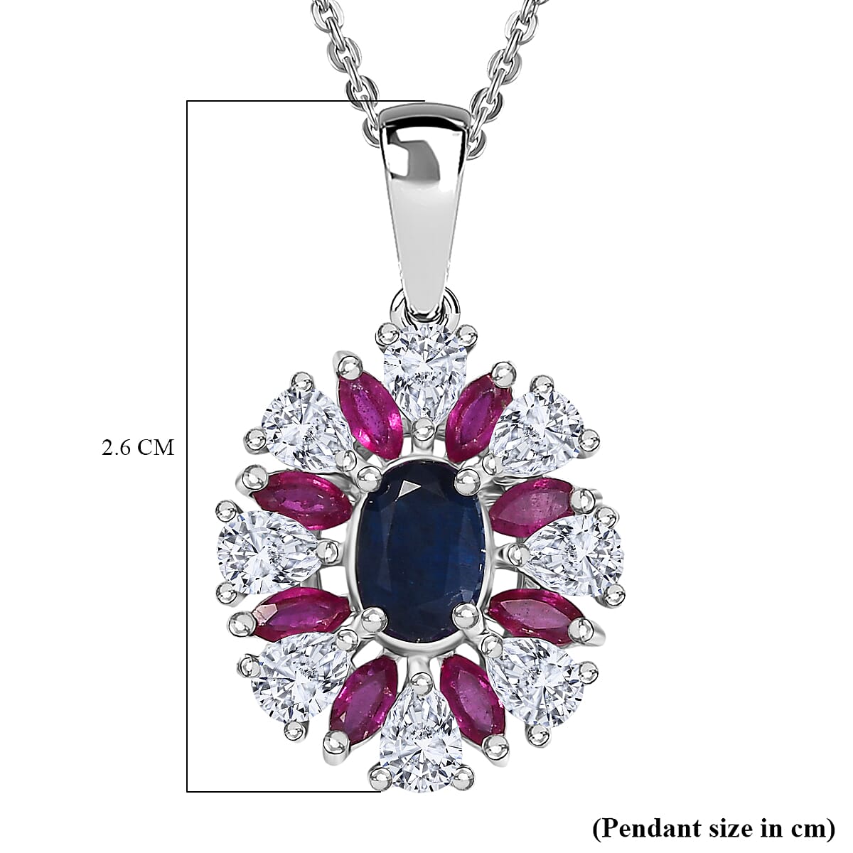 Kyanite, Moissanite & African Ruby Pendant with Chain (Size 20) in Rhodium Overlay Sterling Silver 3.20 Ct.