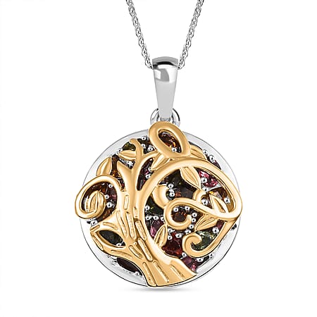 GP Collection: Multi-Tourmaline, Red Garnet, White Zircon, African Amethyst Tree Pendant with Chain (Size 20) in Sterling Silver with 18K Vermeil Yellow Gold GP Collection: Multi-Tourmaline, Red Garnet, White Zircon, African Amethyst Tree Pendant with Chain (Size 20) in Sterling Silver with 18K Vermeil Yellow Gold