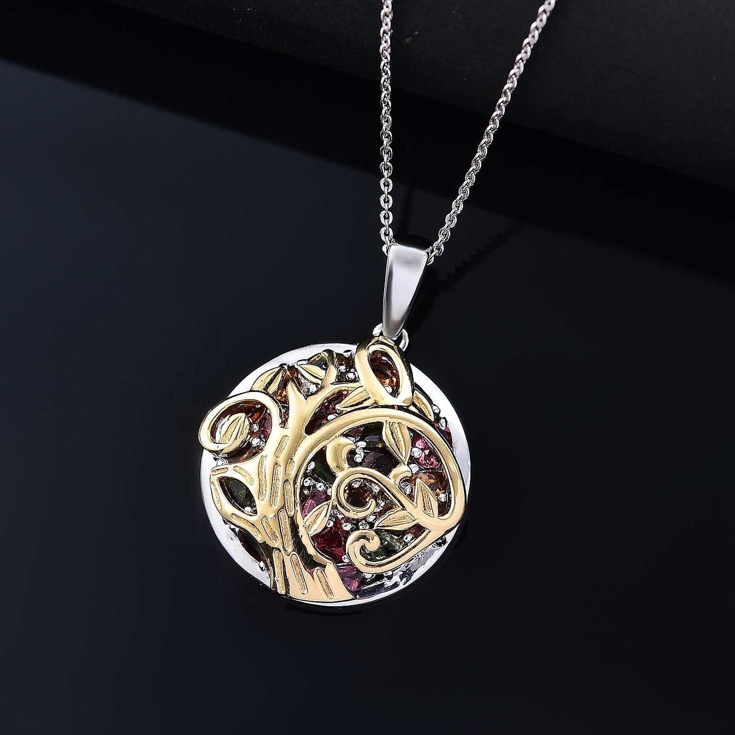 GP Tree Of Life Collection - Multi Tourmaline & Multi Gemstone Pendant with Chain (Size 20) in 18K Vermeil Yellow Gold Plated & Rhodium Overlay Sterling Silver 3.66 Ct.