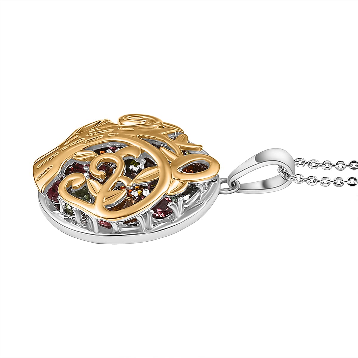 GP Tree Of Life Collection - Multi Tourmaline & Multi Gemstone Pendant with Chain (Size 20) in 18K Vermeil Yellow Gold Plated & Rhodium Overlay Sterling Silver 3.66 Ct.