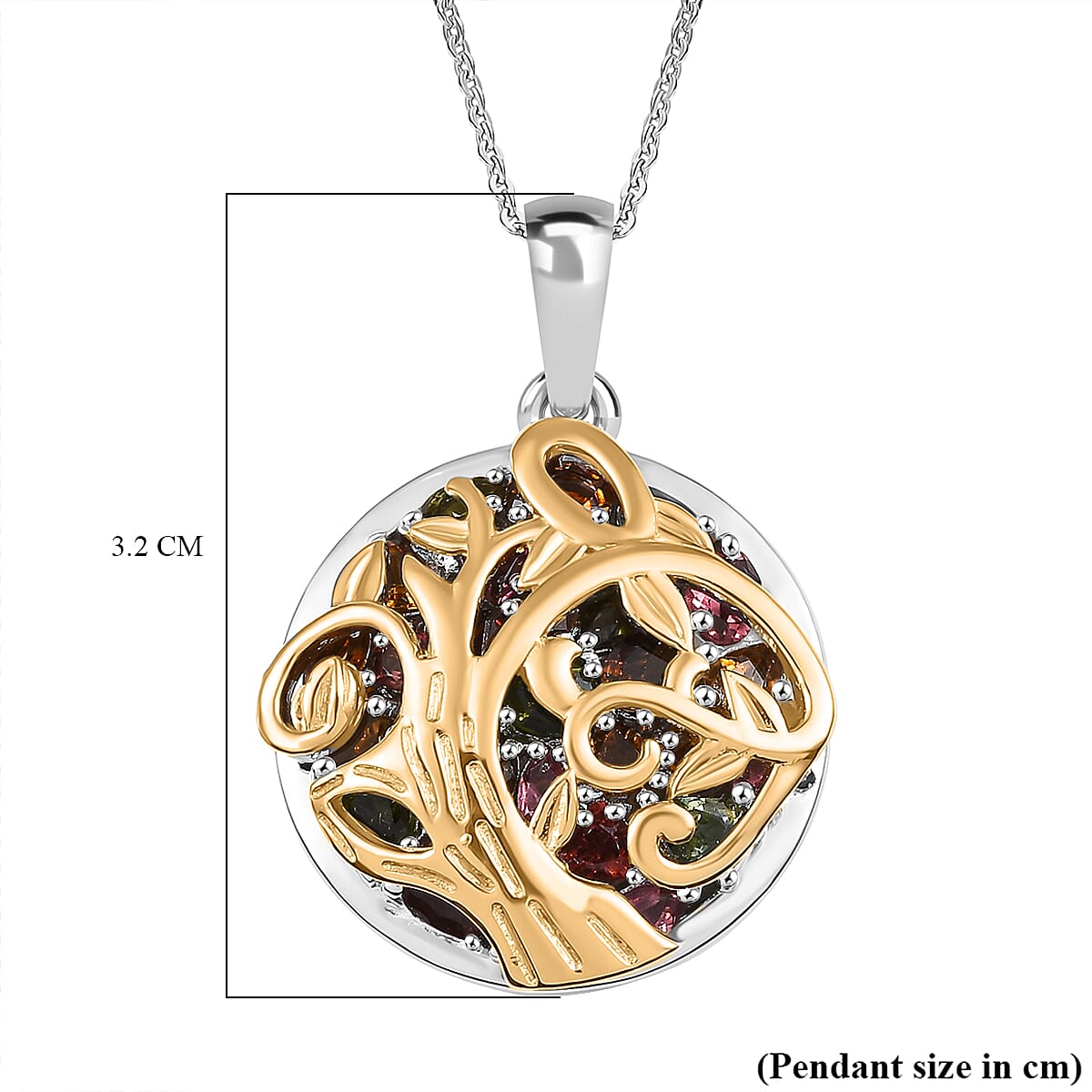 GP Tree Of Life Collection - Multi Tourmaline & Multi Gemstone Pendant with Chain (Size 20) in 18K Vermeil Yellow Gold Plated & Rhodium Overlay Sterling Silver 3.66 Ct.