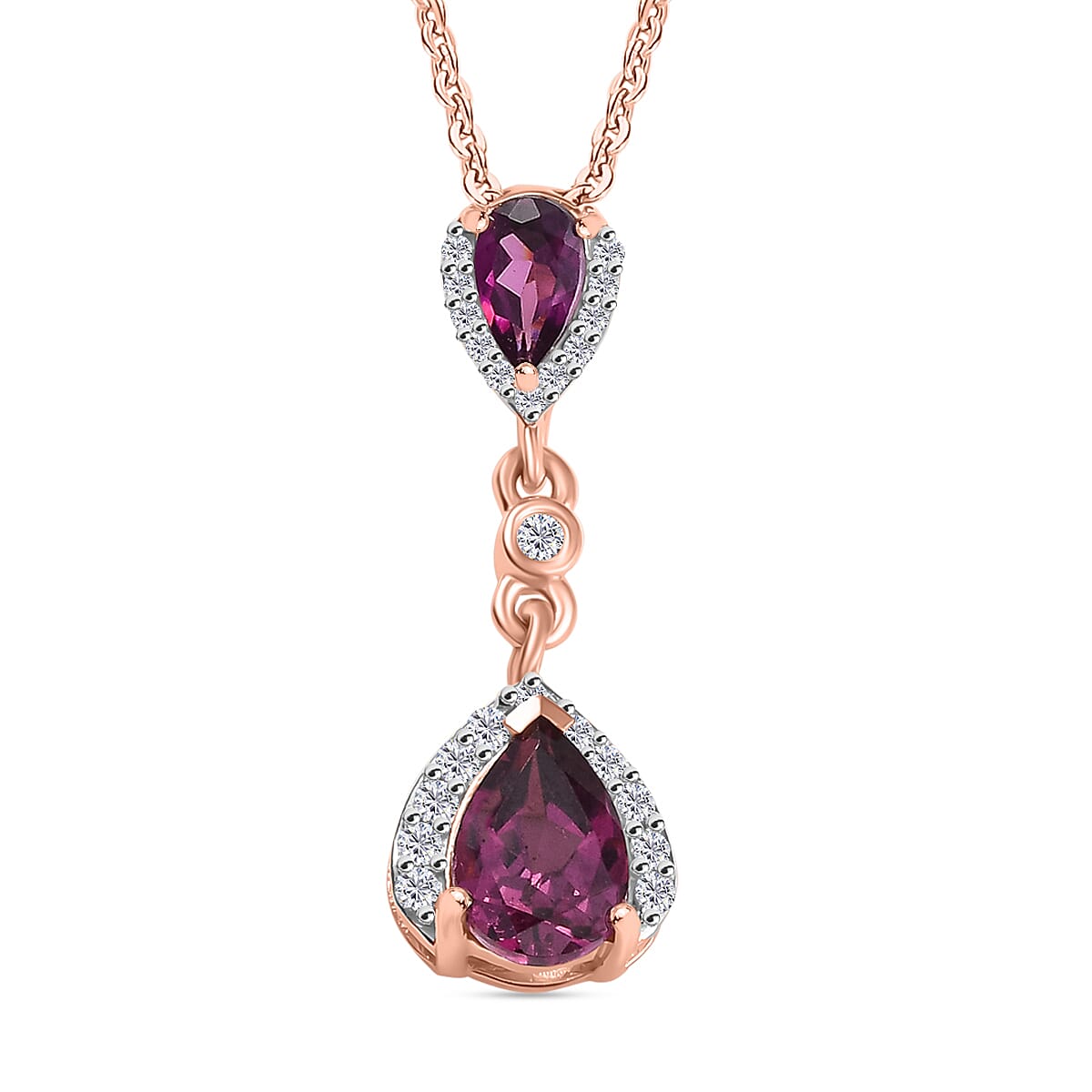 Radiant Ember Garnet & White Zircon Pendant with Chain (Size 20) in 18K Vermeil Rose Gold Plated Sterling Silver 1.28 Ct.