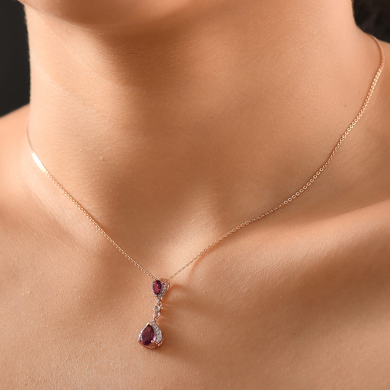 Radiant Ember Garnet & White Zircon Pendant with Chain (Size 20) in 18K Vermeil Rose Gold Plated Sterling Silver 1.28 Ct.