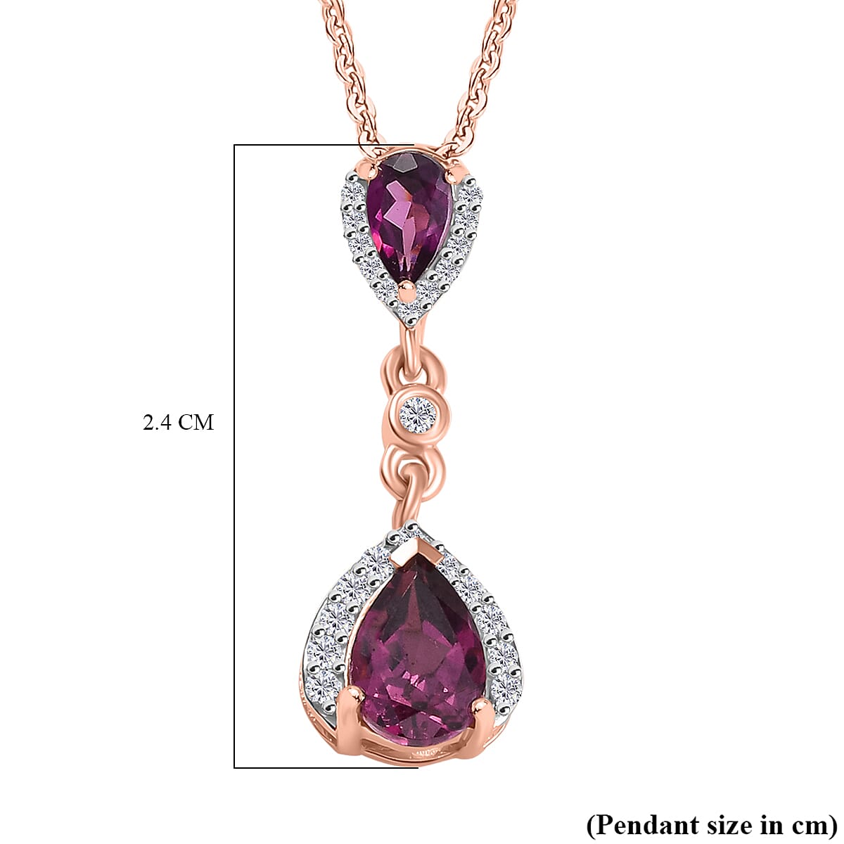 Radiant Ember Garnet & White Zircon Pendant with Chain (Size 20) in 18K Vermeil Rose Gold Plated Sterling Silver 1.28 Ct.