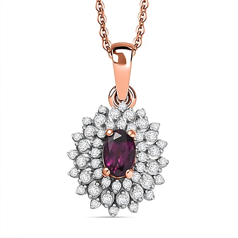 Radiant Ember Garnet & White Zircon Pendant with Chain (Size 20) in 18K Vermeil Rose Gold Plated Sterling Silver 1.21 Ct.
