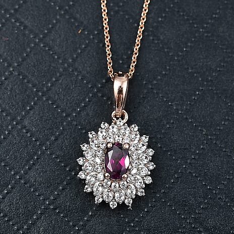 Radiant Ember Garnet & White Zircon Pendant with Chain (Size 20) in 18K Vermeil Rose Gold Plated Sterling Silver 1.21 Ct.