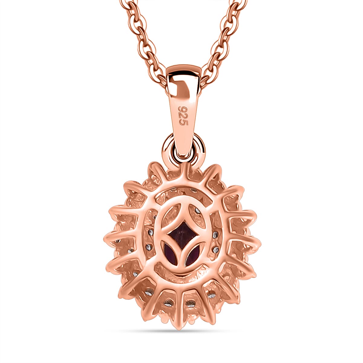 Radiant Ember Garnet & White Zircon Pendant with Chain (Size 20) in 18K Vermeil Rose Gold Plated Sterling Silver 1.21 Ct. Radiant Ember Garnet & White Zircon Pendant with Chain (Size 20) in 18K Vermeil Rose Gold Plated Sterling Silver 1.21 Ct.