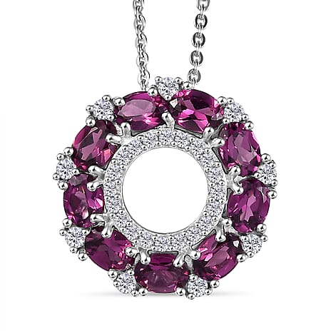 Radiant Ember Garnet & White Zircon Pendant with Chain (Size 20) in Rhodium Overlay Sterling Silver 2.52 Ct.