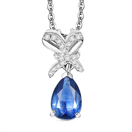AAA Natural Kashmir Kyanite & White Zircon Pendant with Chain (Size 20) in Rhodium Overlay Sterling Silver 1.01 Ct.