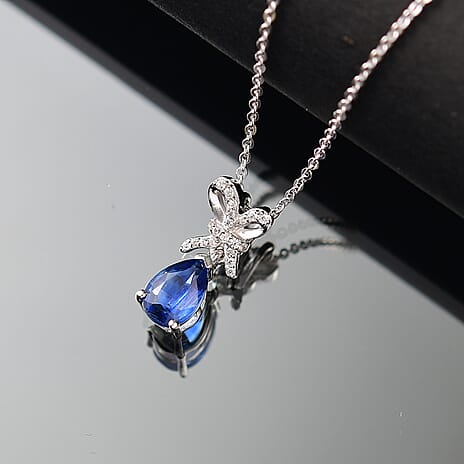 AAA Natural Kashmir Kyanite & White Zircon Pendant with Chain (Size 20) in Rhodium Overlay Sterling Silver 1.01 Ct.