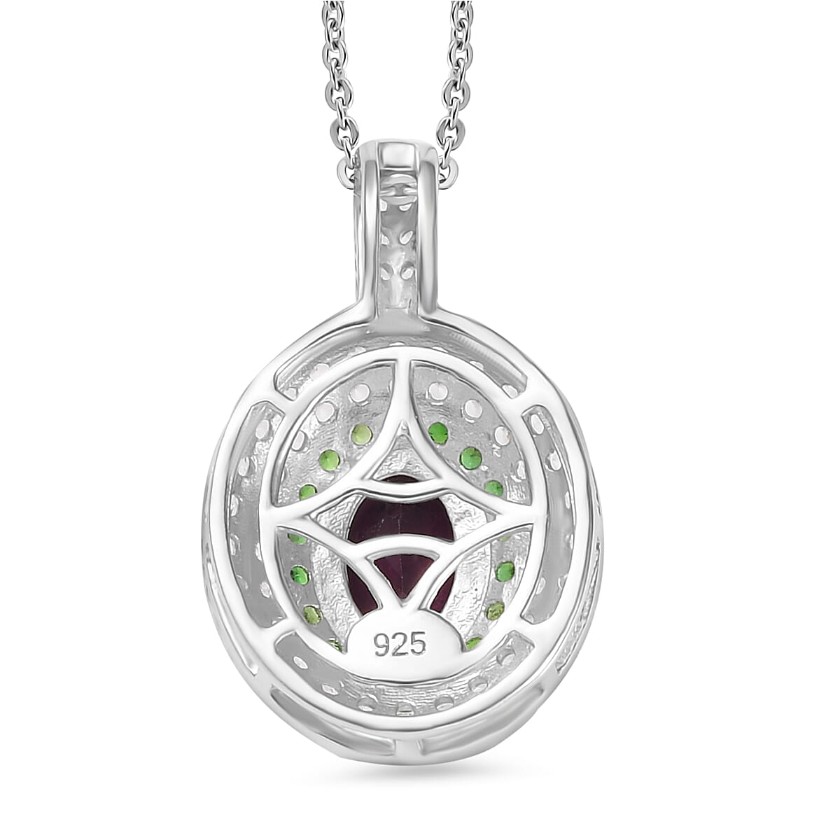Radiant Ember Garnet, White Zircon & Natural Chrome Diopside Pendant with Chain (Size 20) in Rhodium Overlay Sterling Silver 2.13 Ct. Radiant Ember Garnet, White Zircon & Natural Chrome Diopside Pendant with Chain (Size 20) in Rhodium Overlay Sterling Silver 2.13 Ct.