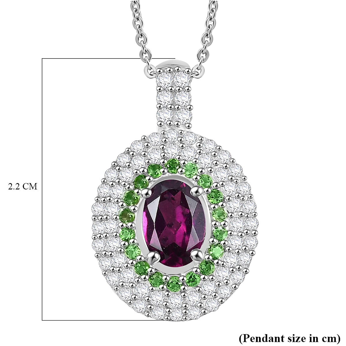 Radiant Ember Garnet, White Zircon & Natural Chrome Diopside Pendant with Chain (Size 20) in Rhodium Overlay Sterling Silver 2.13 Ct. Radiant Ember Garnet, White Zircon & Natural Chrome Diopside Pendant with Chain (Size 20) in Rhodium Overlay Sterling Silver 2.13 Ct.