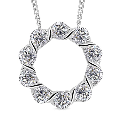 RADIANTA Moissanite - GRA Certified (VVS1-D) Moissanite Circle Pendant with Chain (Size 18) in Rhodium Overlay Sterling Silver 2.00 Ct.