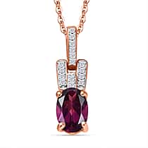 Radiant Ember Garnet, White Zircon Pendant with Chain (Size 20) in 18K Vermeil Rose Gold Plated Sterling Silver 1.12 Ct.