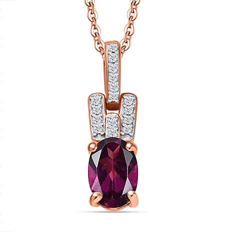 Radiant Ember Garnet & White Zircon Pendant with Chain (Size 20) in 18K Vermeil Rose Gold Plated Sterling Silver 1.12 Ct.