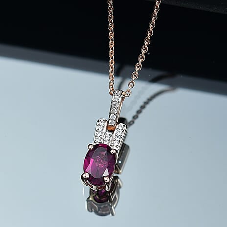 Radiant Ember Garnet & White Zircon Pendant with Chain (Size 20) in 18K Vermeil Rose Gold Plated Sterling Silver 1.12 Ct.