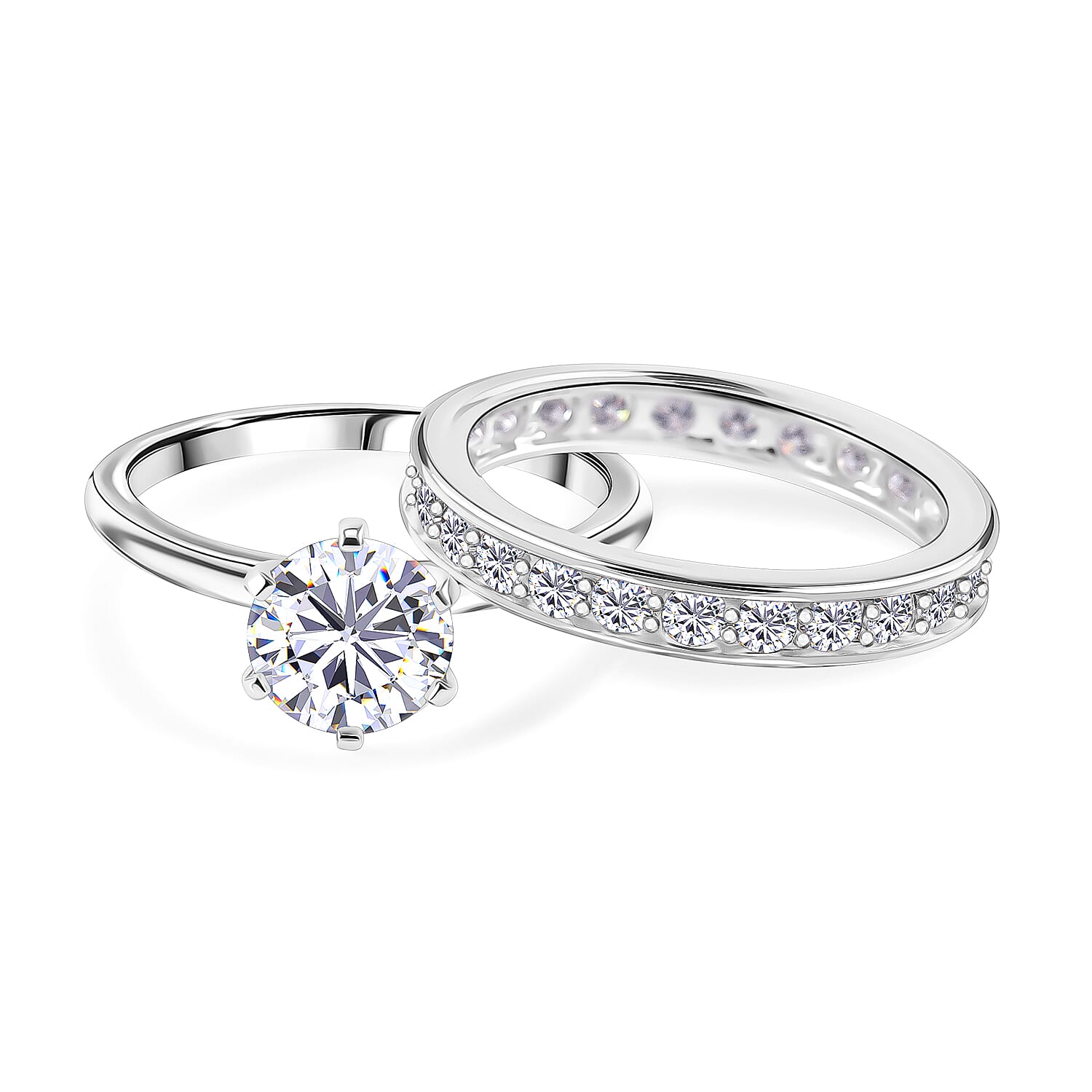 RADIANTA Moissanite - Set of 2 - GRA Certified (VVS1-D) Moissanite Ring in Rhodium Overlay Sterling Silver 3.50 Ct.