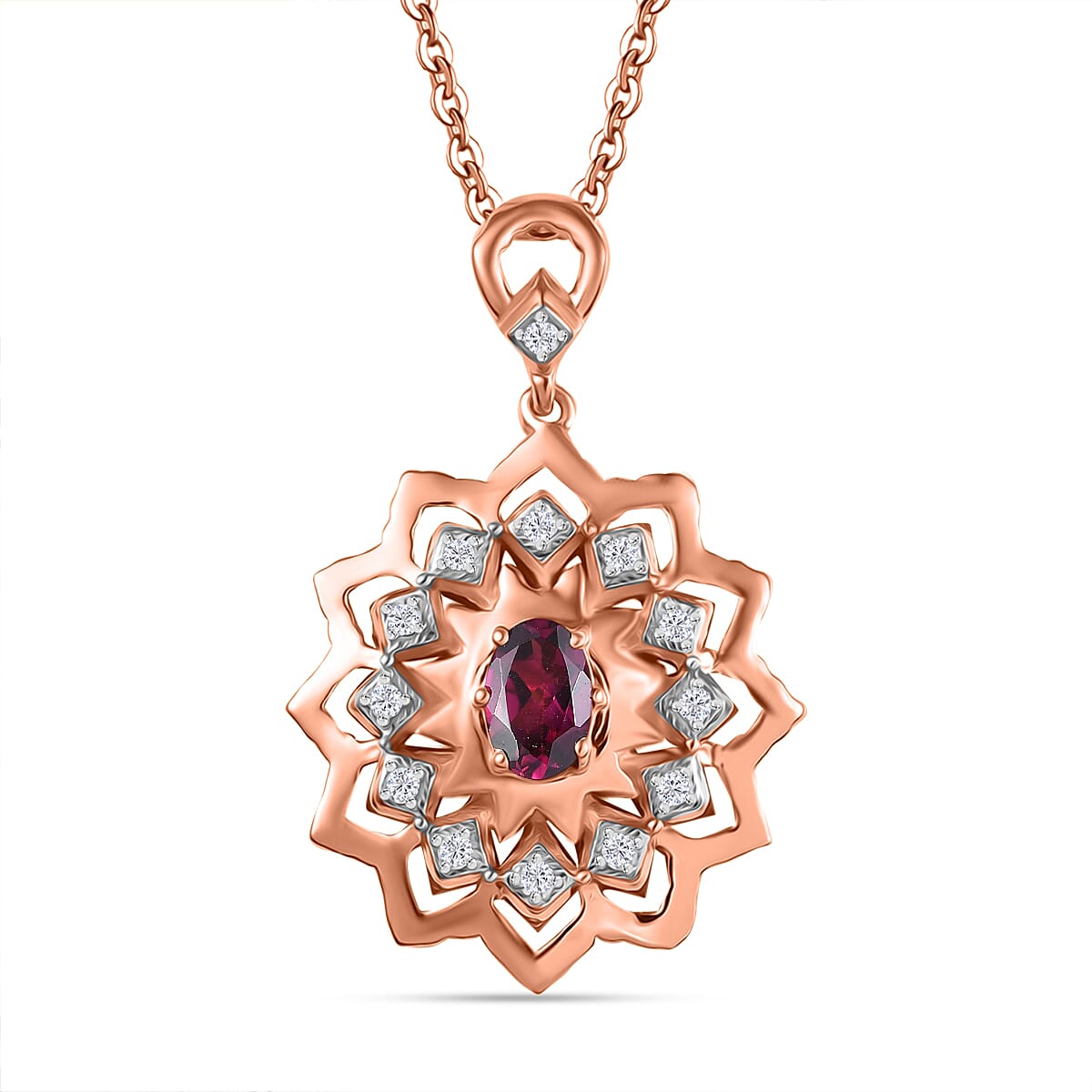 Radiant Ember Garnet & White Zircon Pendant with Chain (Size 20) in 18K Vermeil Rose Gold Plated Sterling Silver