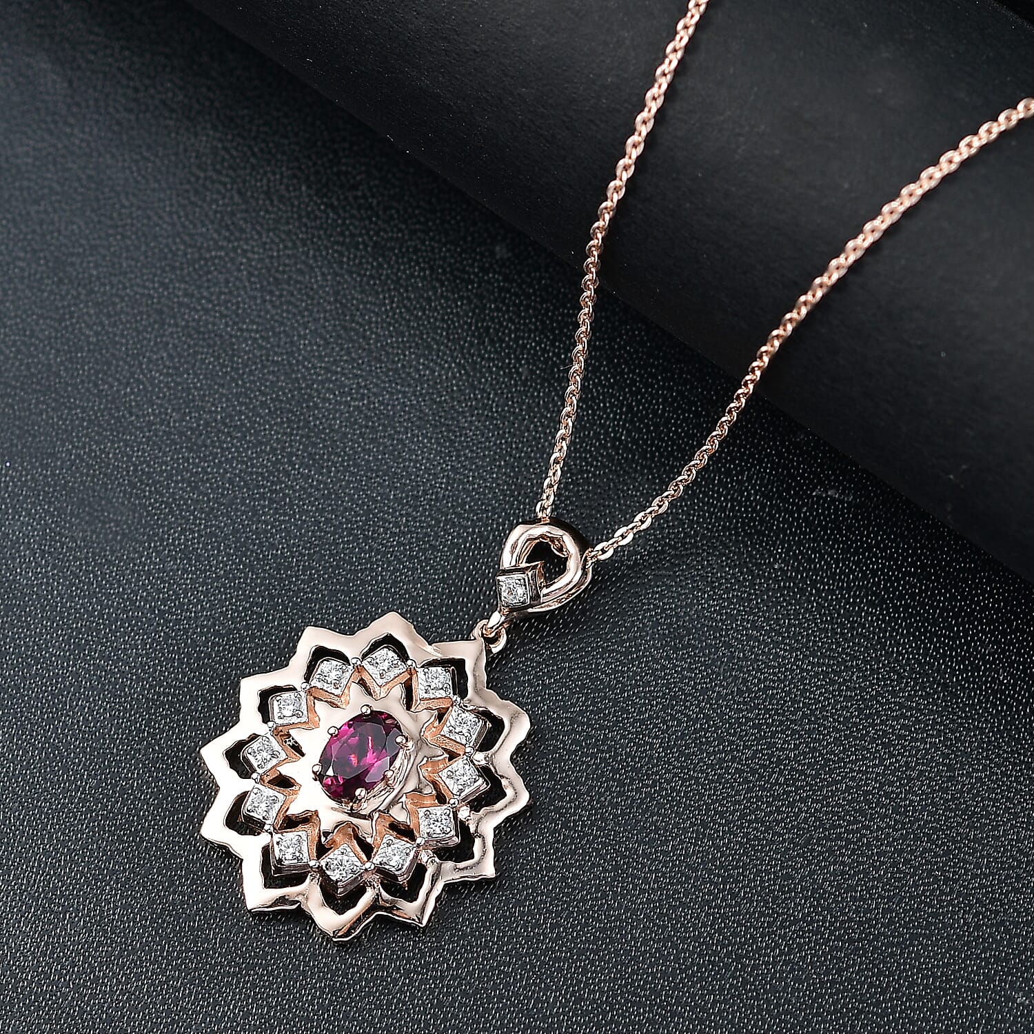 Radiant Ember Garnet & White Zircon Pendant with Chain (Size 20) in 18K Vermeil Rose Gold Plated Sterling Silver