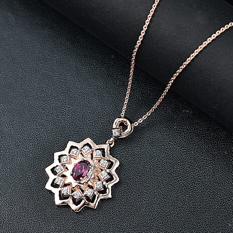 Radiant Ember Garnet & White Zircon Pendant with Chain (Size 20) in 18K Vermeil Rose Gold Plated Sterling Silver
