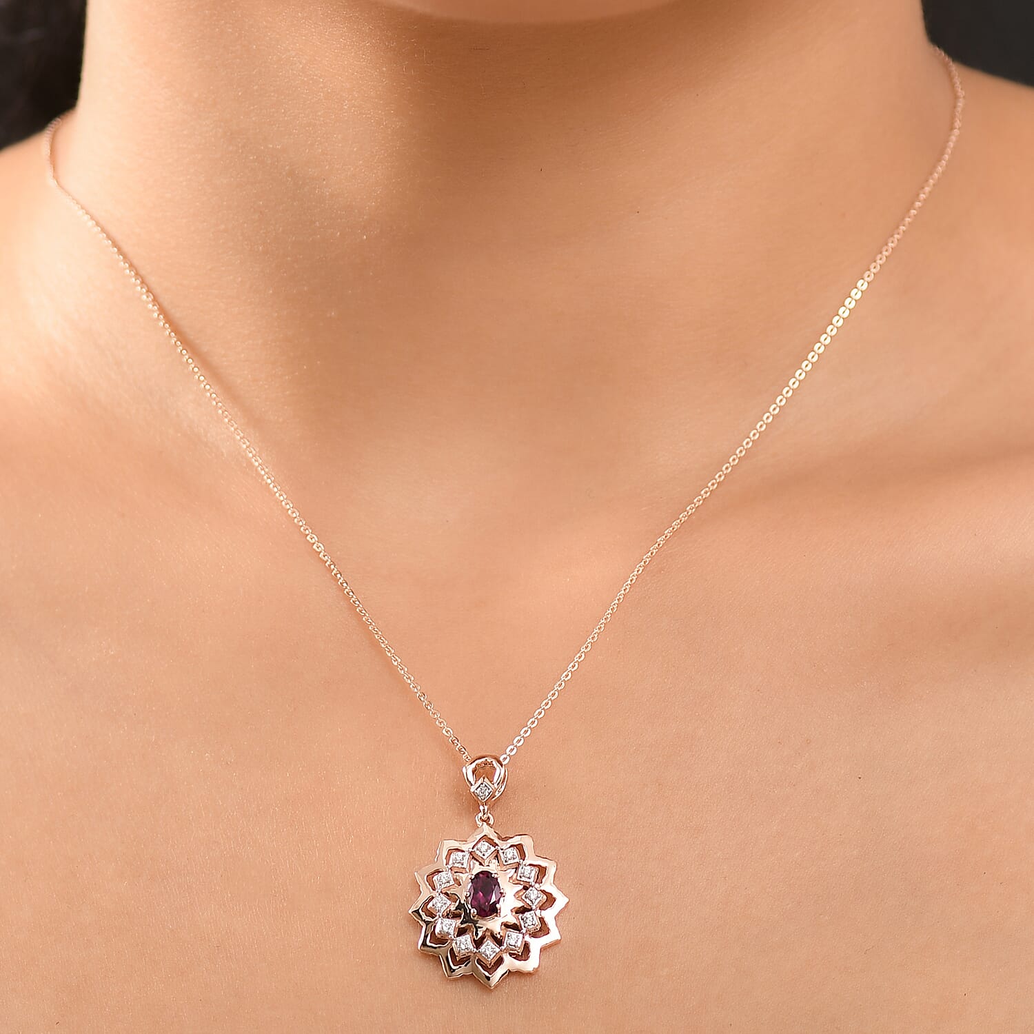 Radiant Ember Garnet & White Zircon Pendant with Chain (Size 20) in 18K Vermeil Rose Gold Plated Sterling Silver