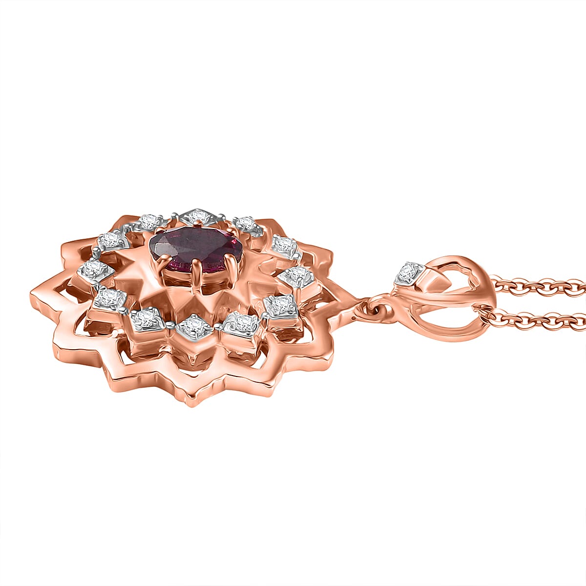 Radiant Ember Garnet & White Zircon Pendant with Chain (Size 20) in 18K Vermeil Rose Gold Plated Sterling Silver