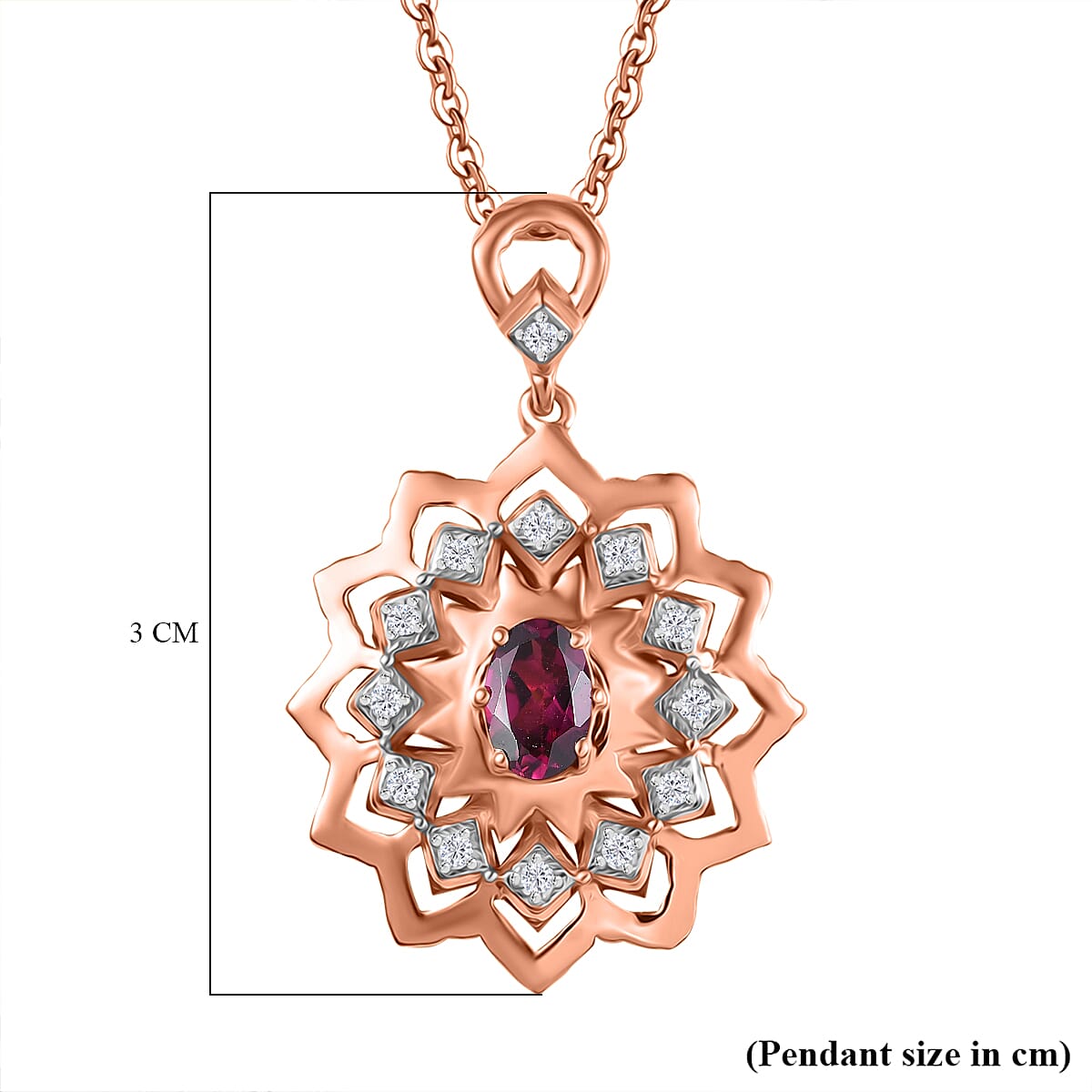 Radiant Ember Garnet & White Zircon Pendant with Chain (Size 20) in 18K Vermeil Rose Gold Plated Sterling Silver