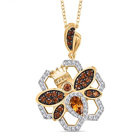 GP HoneyComb Collection - Madeira Citrine, White Zircon, Natural Champagne Zircon, Blue Sapphire Pendant with Chain (Size 20) in 18K Vermeil Yellow Gold Plated Sterling Silver 1.01 Ct