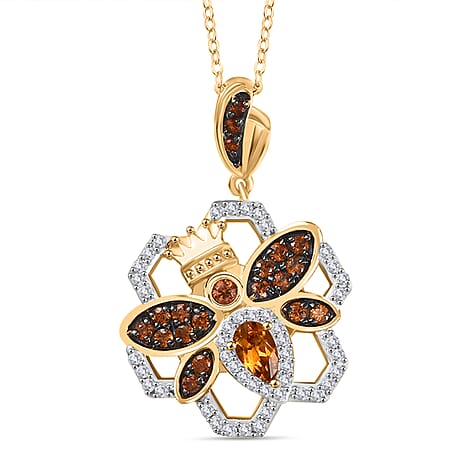 GP HoneyComb Collection - Madeira Citrine, White Zircon, Natural Champagne Zircon, Blue Sapphire Pendant with Chain (Size 20) in 18K Vermeil Yellow Gold Plated Sterling Silver 1.01 Ct