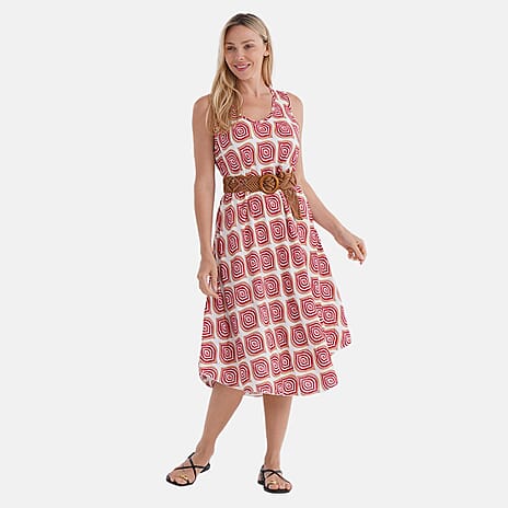 - Maisi Ogee Pattern Flowy Sleeveless Umbrella Dress with Elastic Belt (One Size 8-18) - Pink