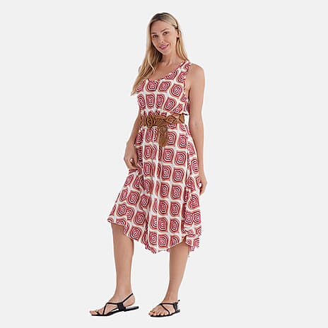 - Maisi Ogee Pattern Flowy Sleeveless Umbrella Dress with Elastic Belt (One Size 8-18) - Pink