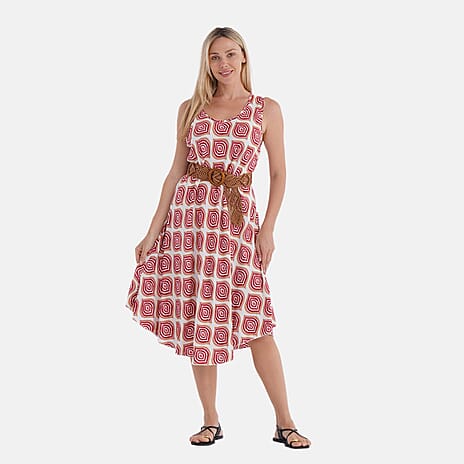 - Maisi Ogee Pattern Flowy Sleeveless Umbrella Dress with Elastic Belt (One Size 8-18) - Pink