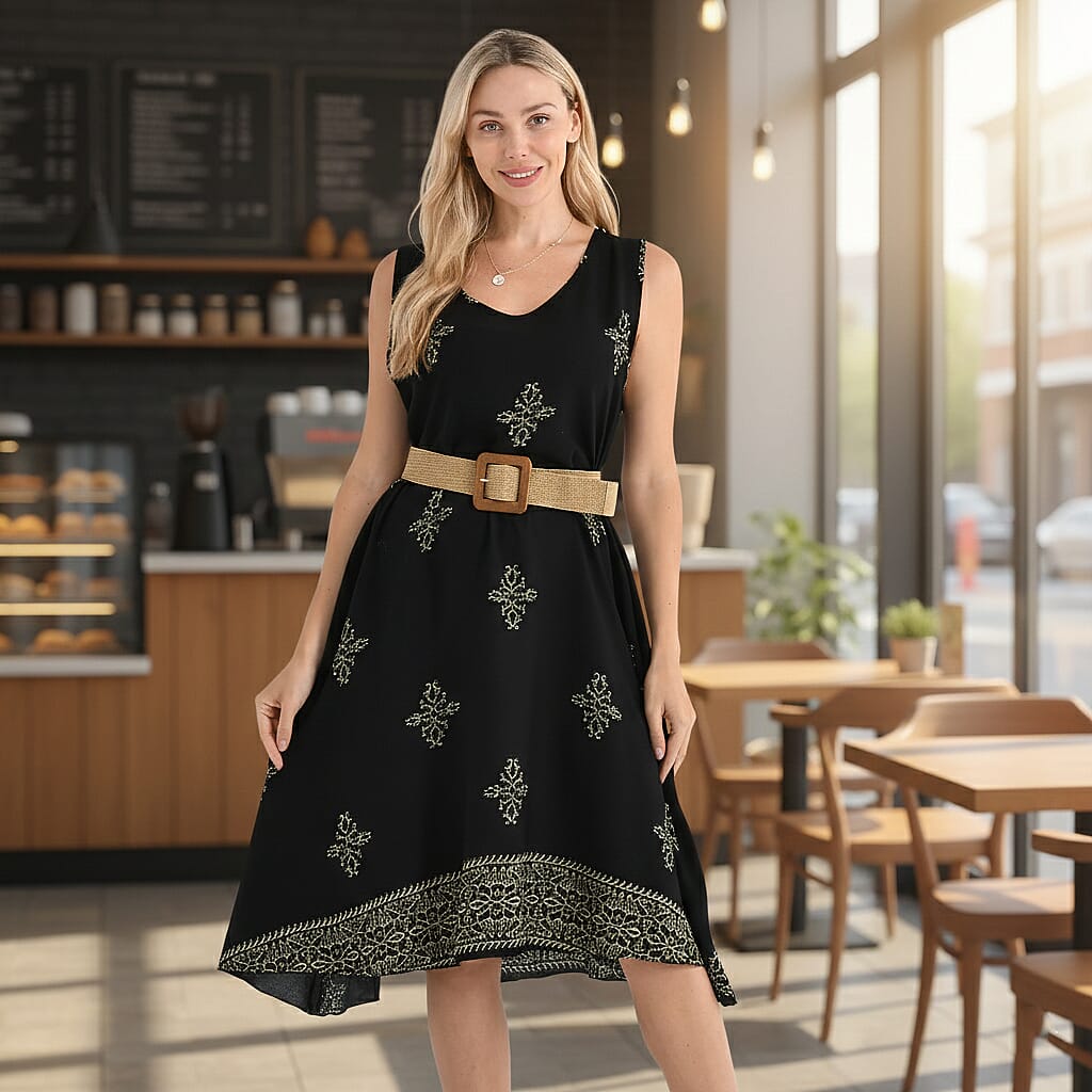 Tamsy Printed Sleeveless Umbrella Dress with Belt