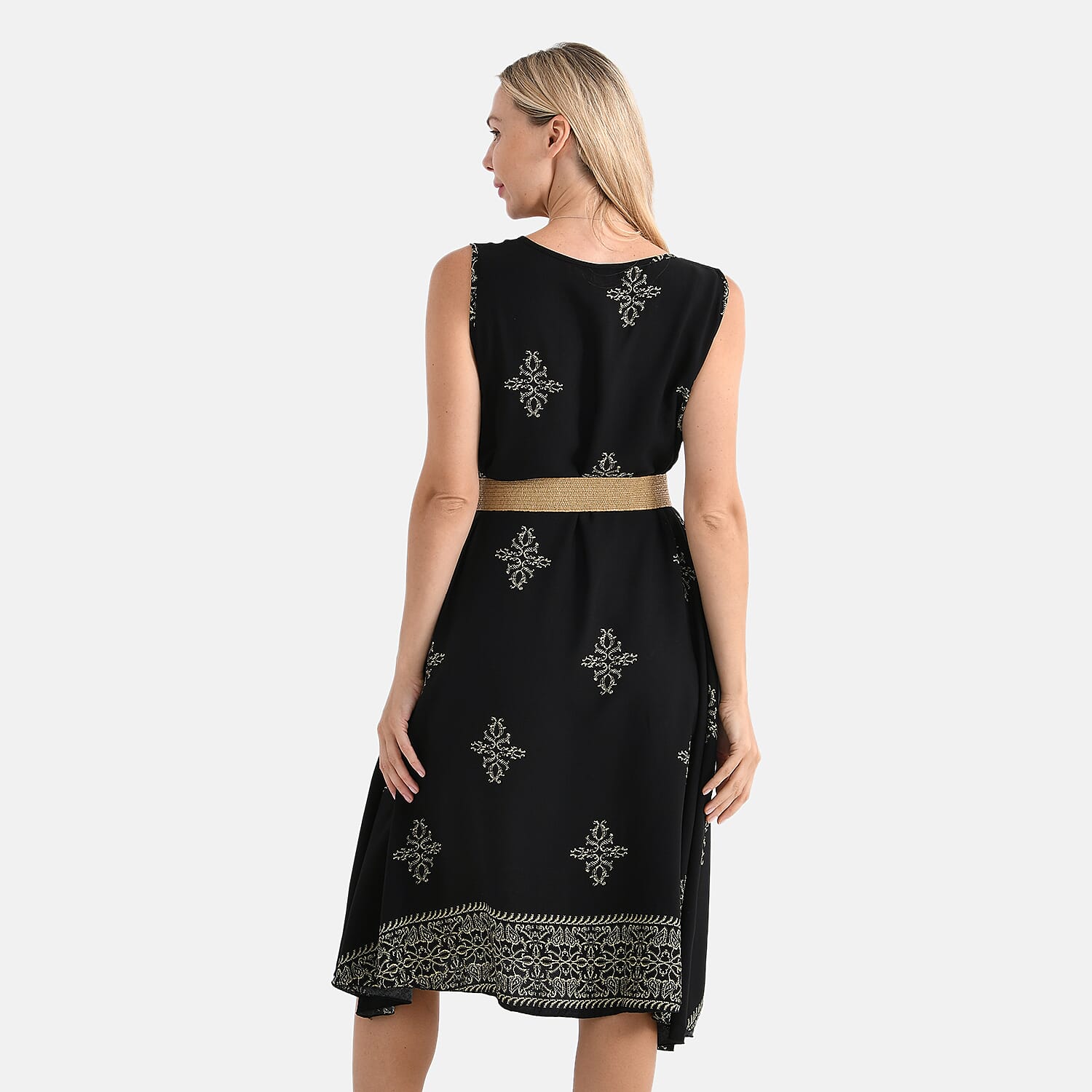 Tamsy Printed Sleeveless Umbrella Dress with Belt