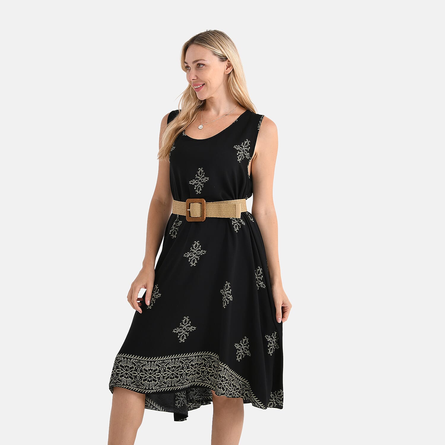 Tamsy Printed Sleeveless Umbrella Dress with Belt