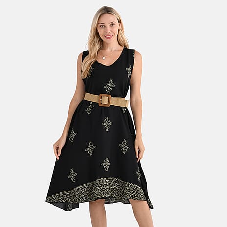 Tamsy 100% Viscose Snowflake Print Sleeveless Umbrella Dress with Belt (One Size) - Black