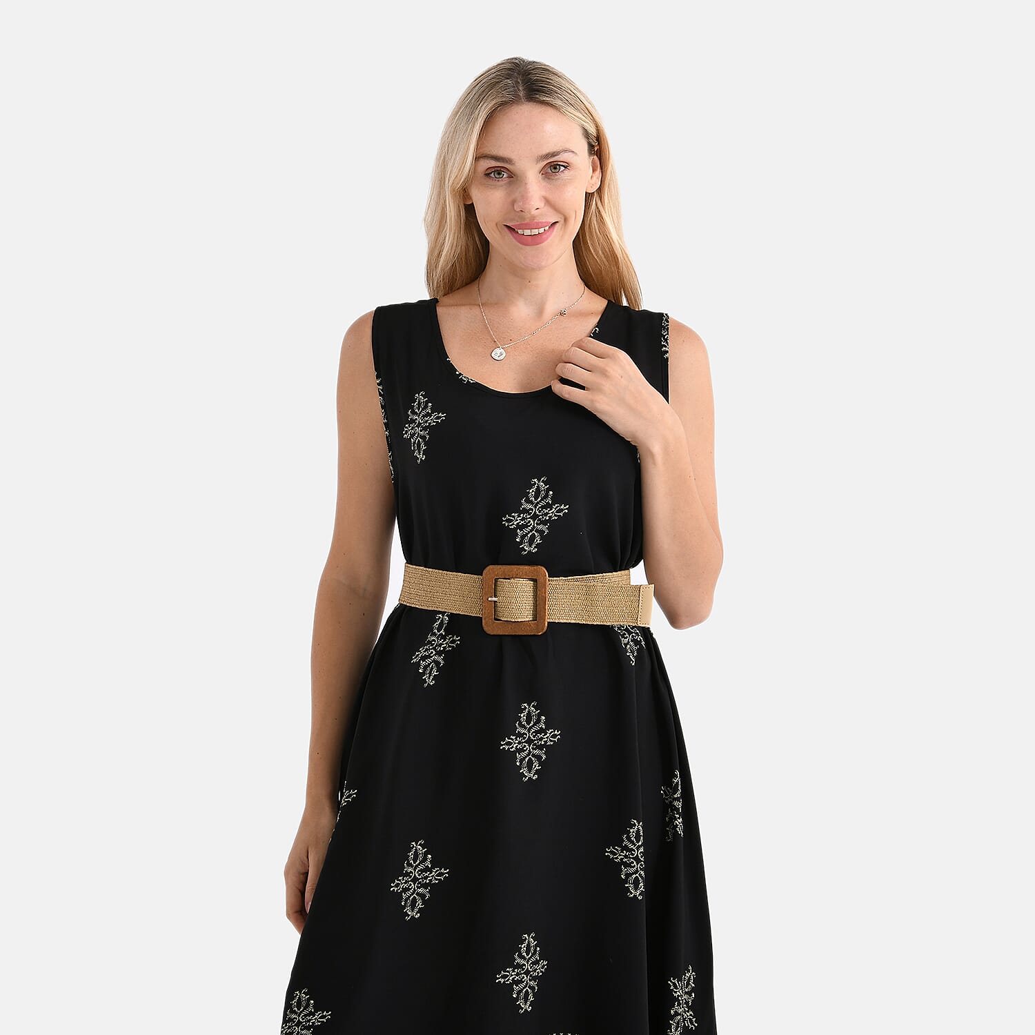 Tamsy Printed Sleeveless Umbrella Dress with Belt