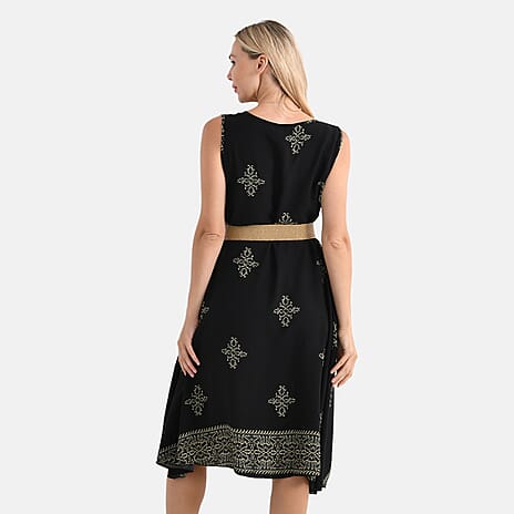 Tamsy 100% Viscose Snowflake Print Sleeveless Umbrella Dress with Belt (One Size Curve) - Black