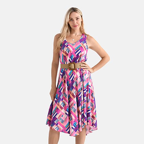Tamsy 100% Viscose Multi Square Print Sleeveless Umbrella Dress with Belt (One Size) - Purple