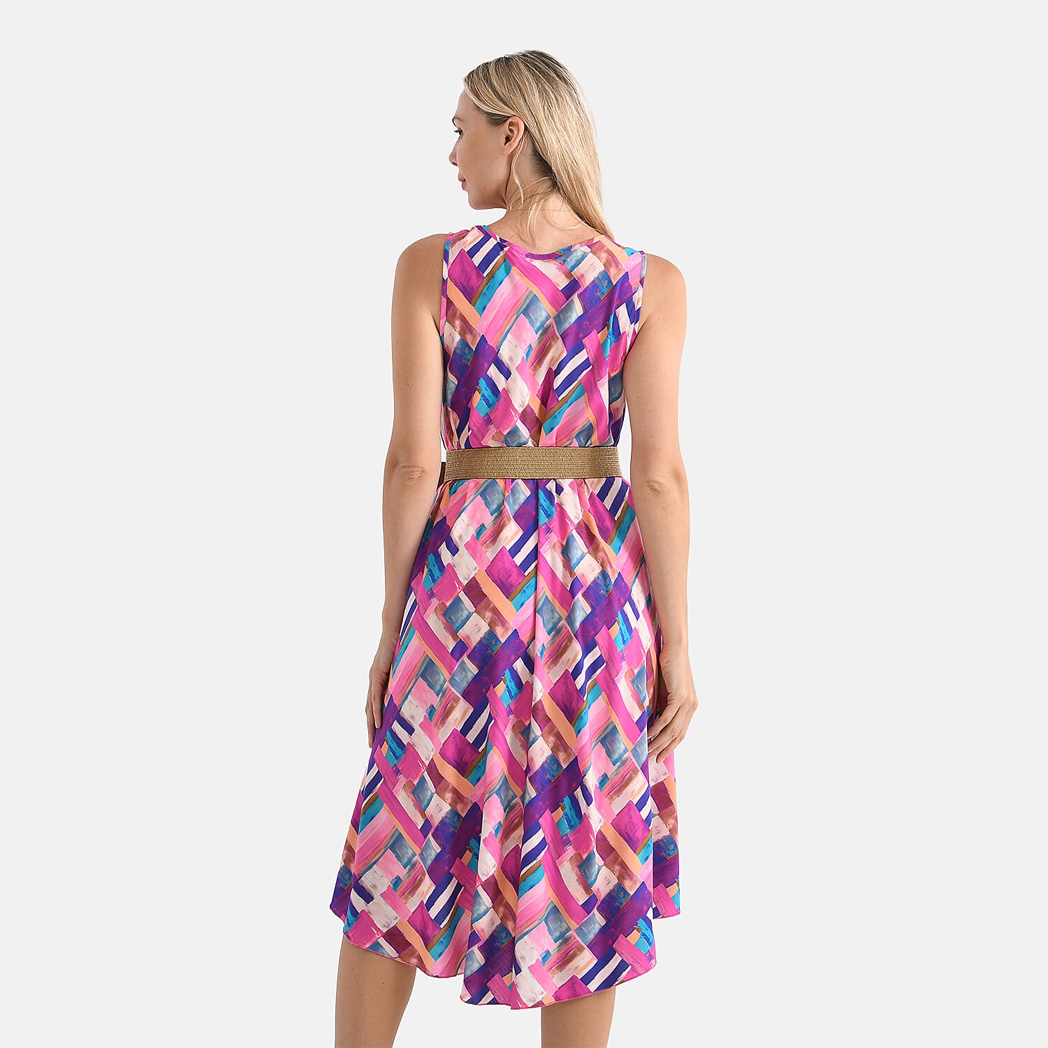 Tamsy Printed Sleeveless Umbrella Dress with Belt