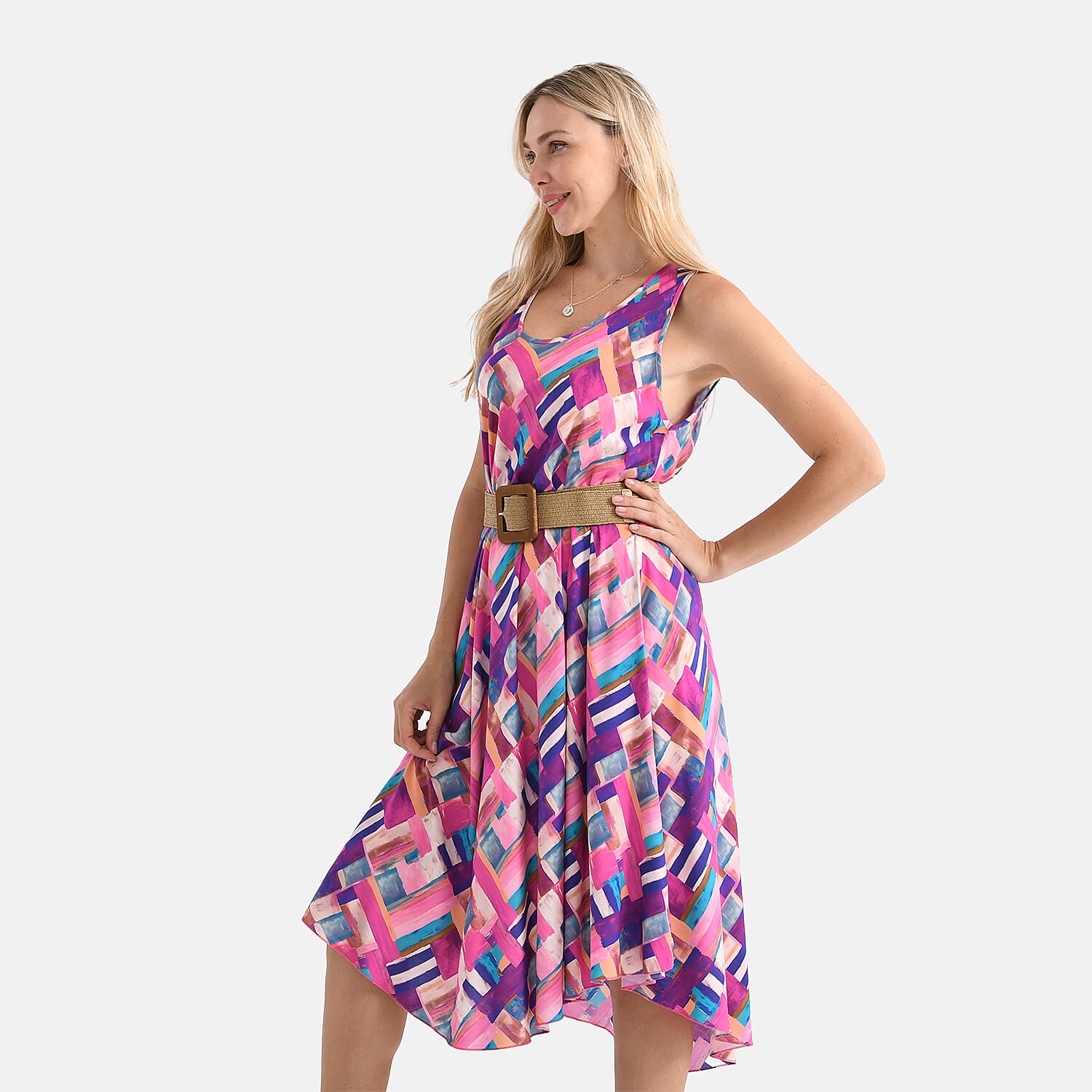 Tamsy Printed Sleeveless Umbrella Dress with Belt