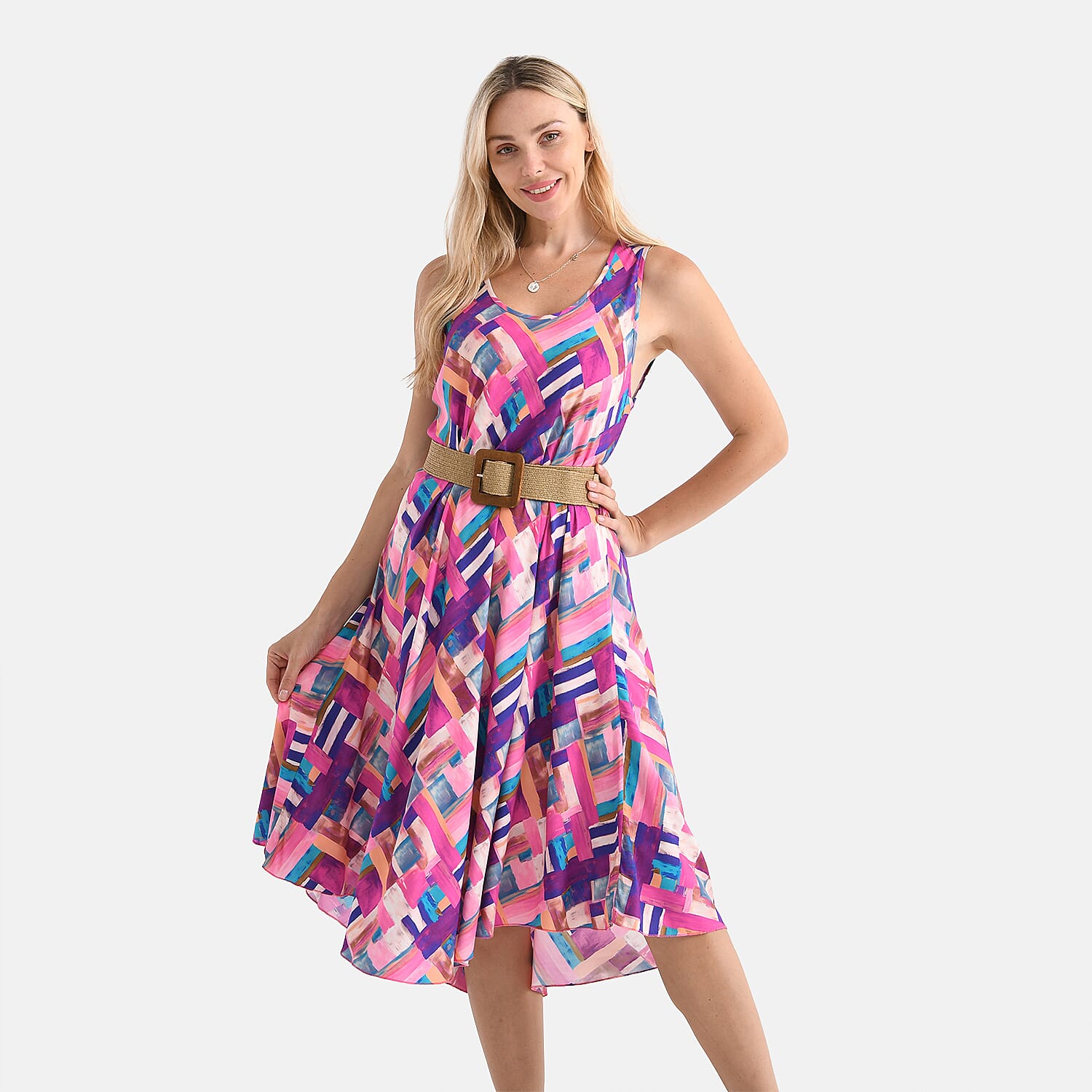 Tamsy Printed Sleeveless Umbrella Dress with Belt