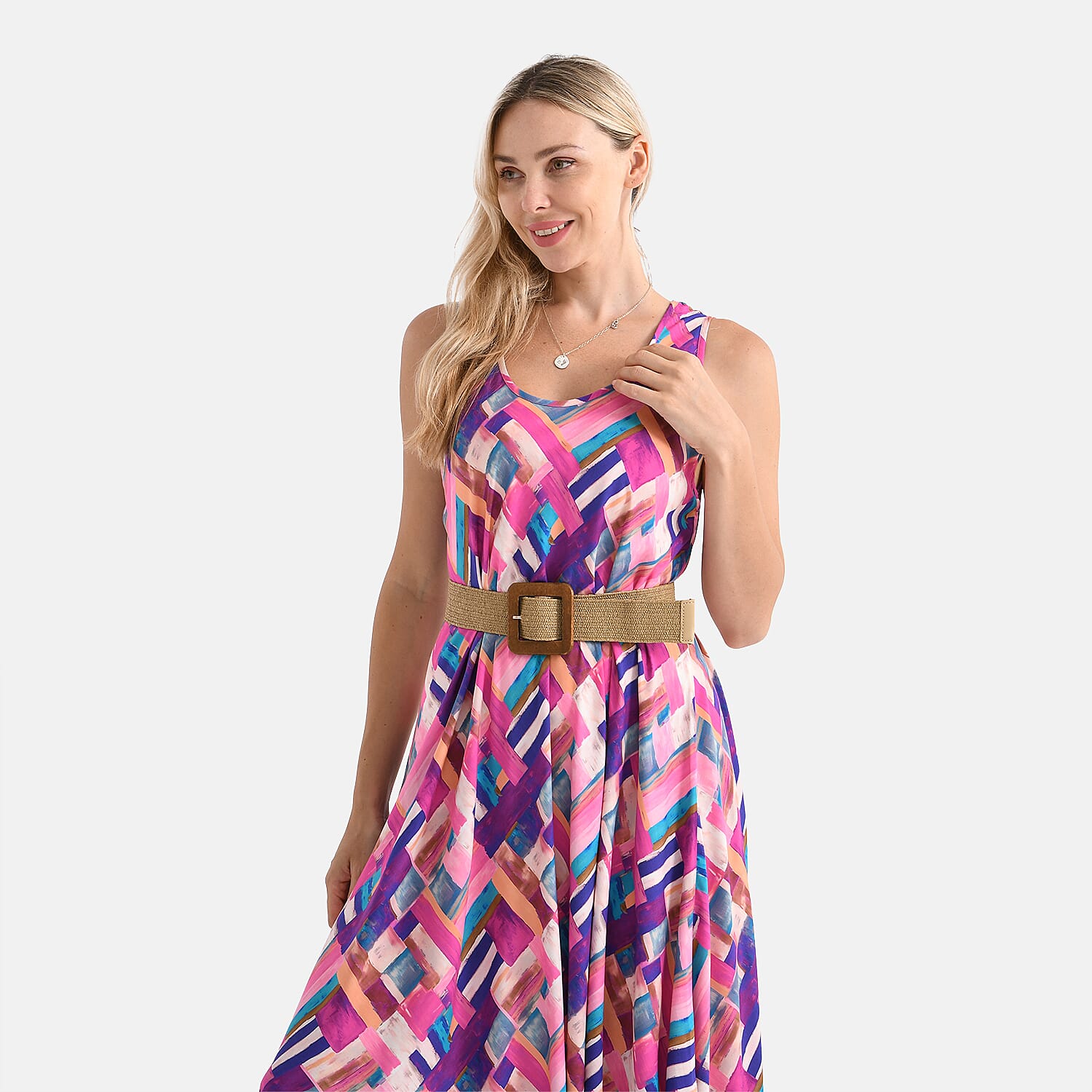 Tamsy Printed Sleeveless Umbrella Dress with Belt