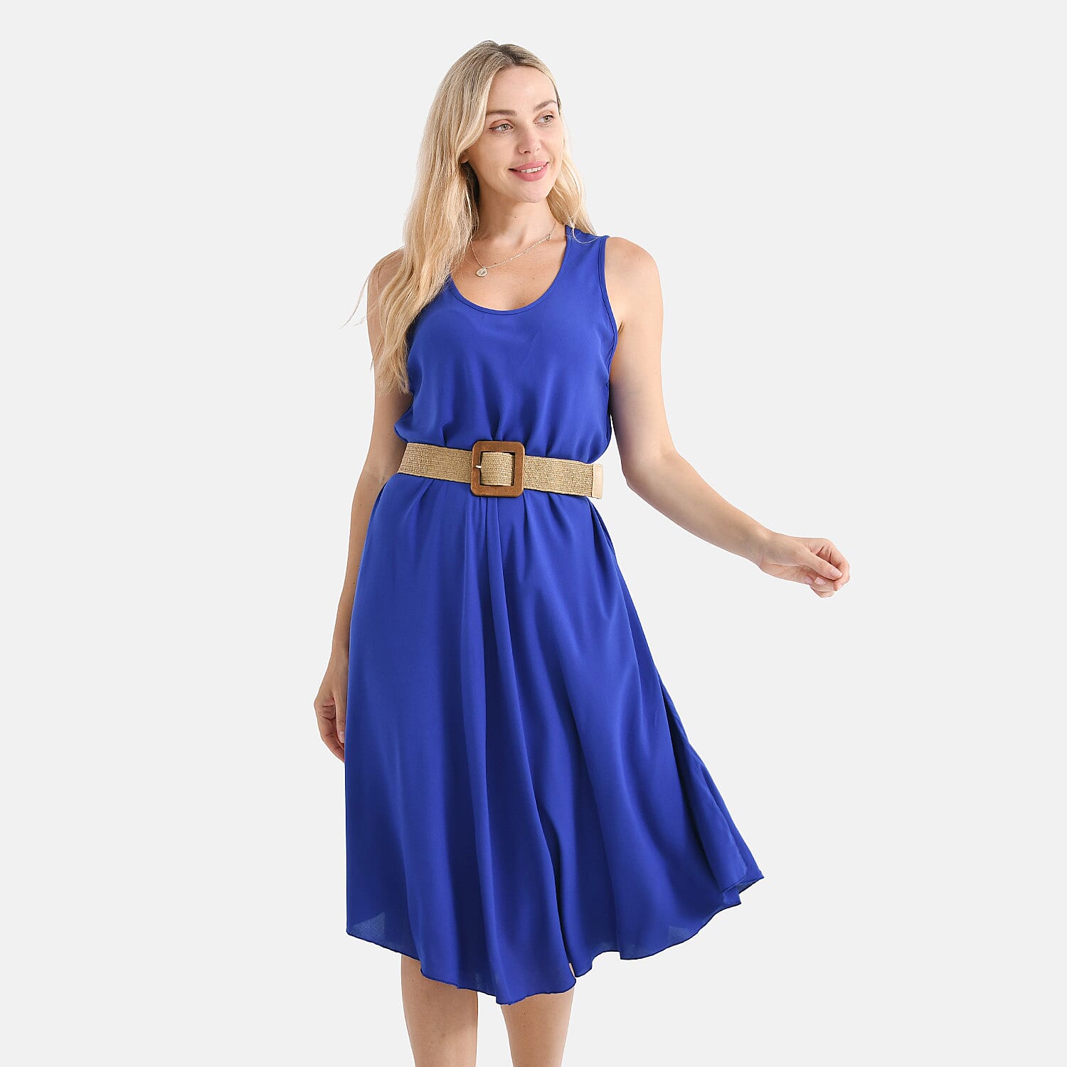 Tamsy Printed Sleeveless Umbrella Dress with Belt