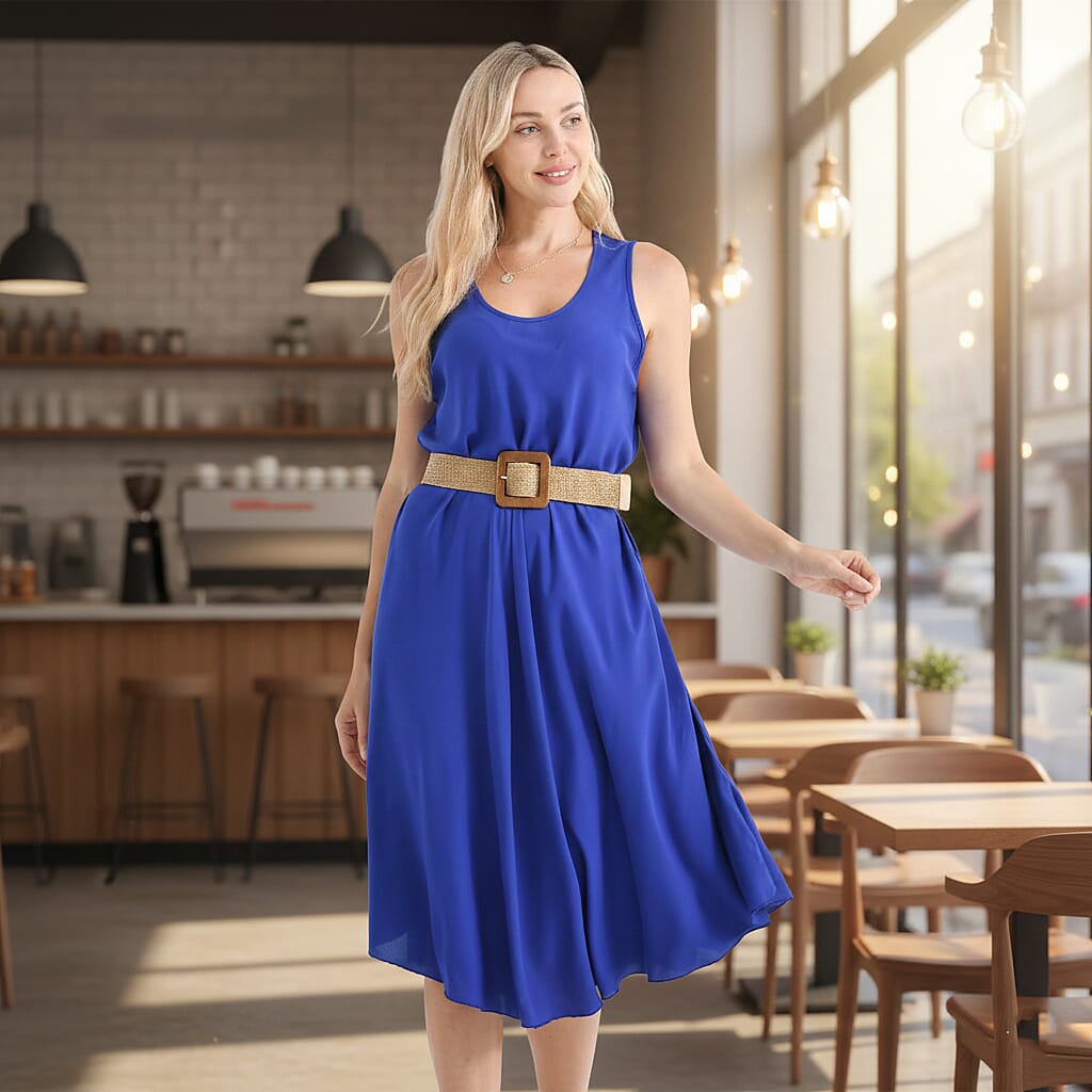 Tamsy Printed Sleeveless Umbrella Dress with Belt