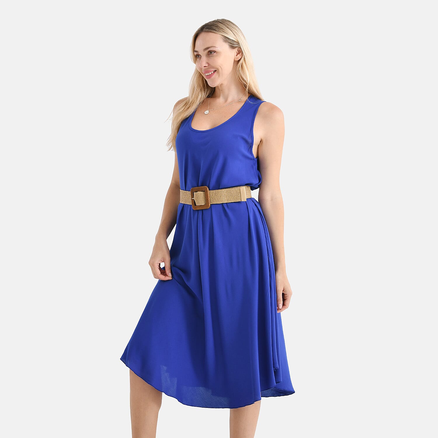 Tamsy Printed Sleeveless Umbrella Dress with Belt