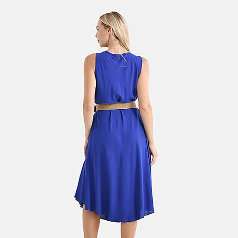 Tamsy 100% Viscose Sleeveless Umbrella Dress with Belt (One Size Curve) - Blue