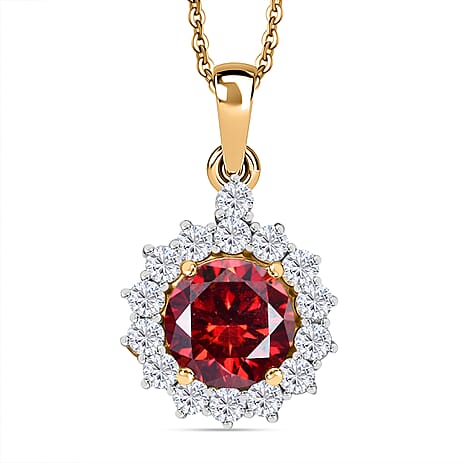 DEAL OF THE DAY - Premium Red Moissanite Solitaire and White Moissanite Pendant with Chain (Size 20) in 18K Vermeil Yellow Gold Plated Sterling Silver 2.21 Ct.