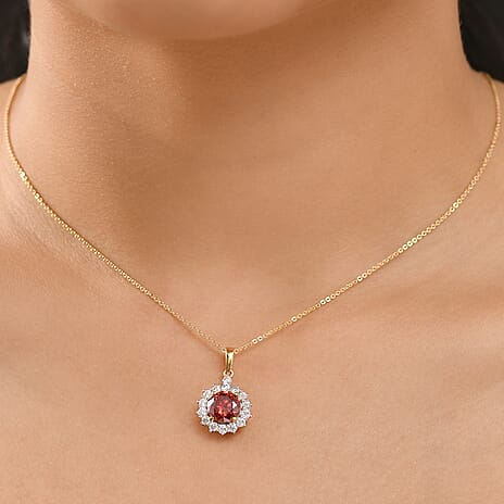 DEAL OF THE DAY - Premium Red Moissanite Solitaire and White Moissanite Pendant with Chain (Size 20) in 18K Vermeil Yellow Gold Plated Sterling Silver 2.21 Ct.